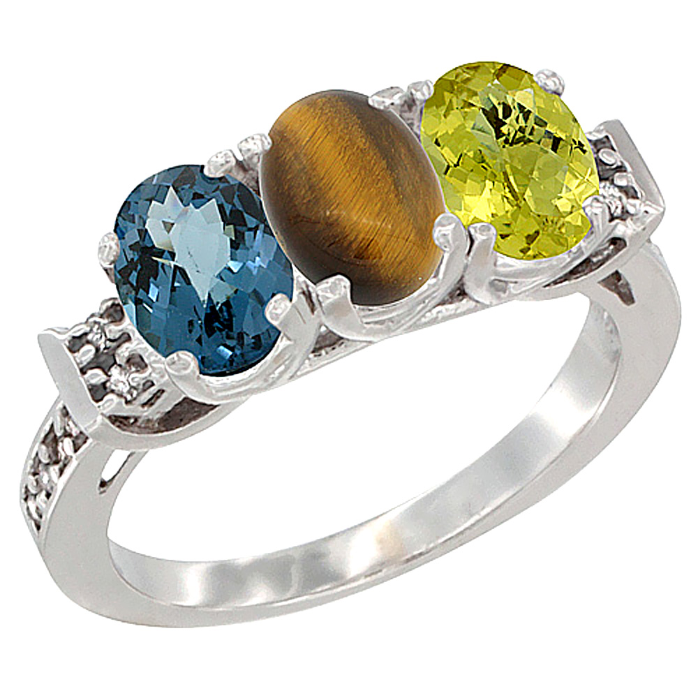 10K White Gold Natural London Blue Topaz, Tiger Eye & Lemon Quartz Ring 3-Stone Oval 7x5 mm Diamond Accent, sizes 5 - 10