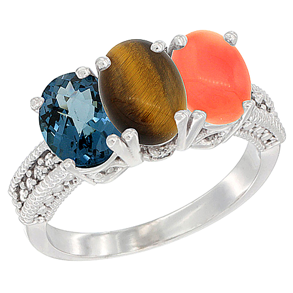 14K White Gold Natural London Blue Topaz, Tiger Eye & Coral Ring 3-Stone 7x5 mm Oval Diamond Accent, sizes 5 - 10