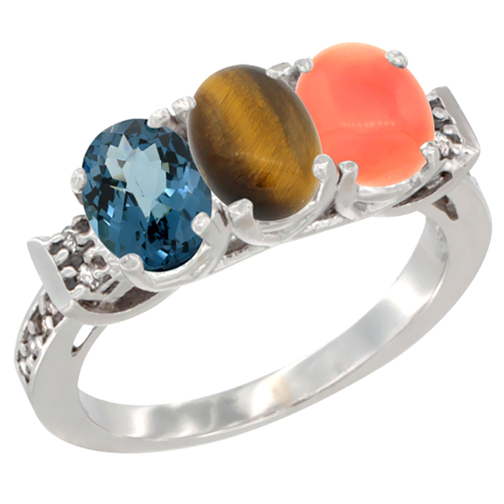 10K White Gold Natural London Blue Topaz, Tiger Eye & Coral Ring 3-Stone Oval 7x5 mm Diamond Accent, sizes 5 - 10