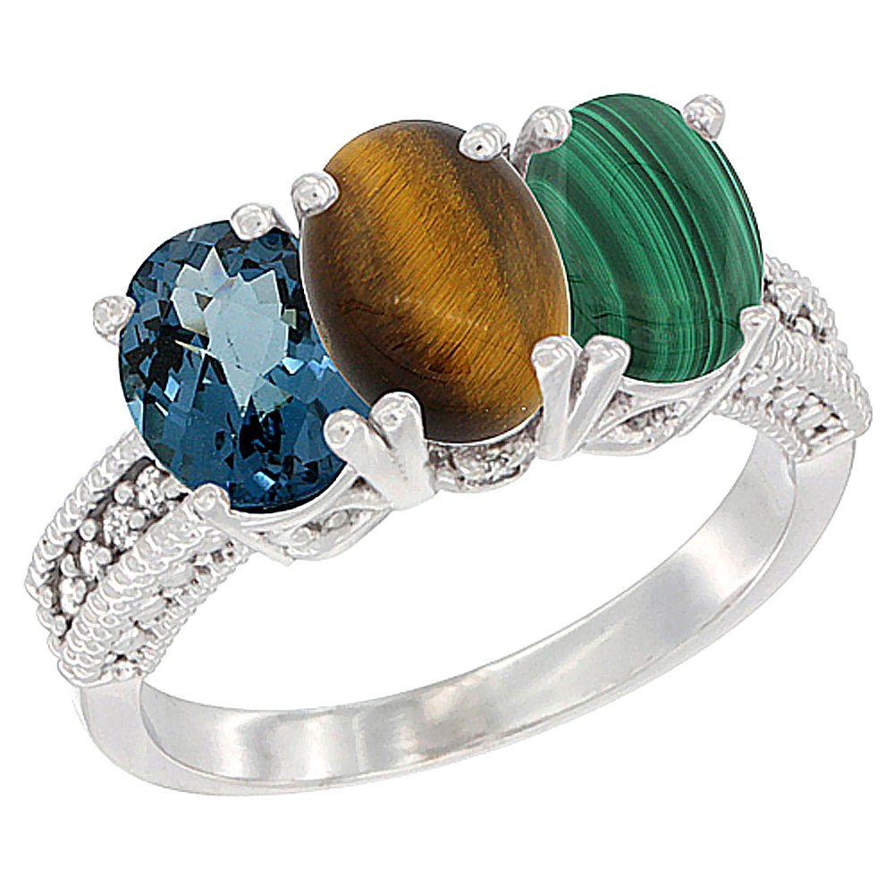 10K White Gold Natural London Blue Topaz, Tiger Eye & Malachite Ring 3-Stone Oval 7x5 mm Diamond Accent, sizes 5 - 10