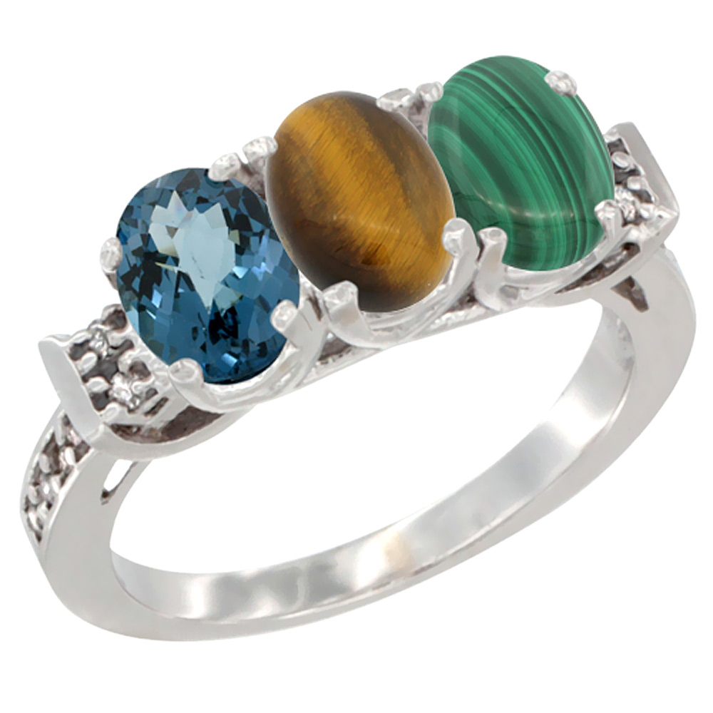 14K White Gold Natural London Blue Topaz, Tiger Eye &amp; Malachite Ring 3-Stone 7x5 mm Oval Diamond Accent, sizes 5 - 10