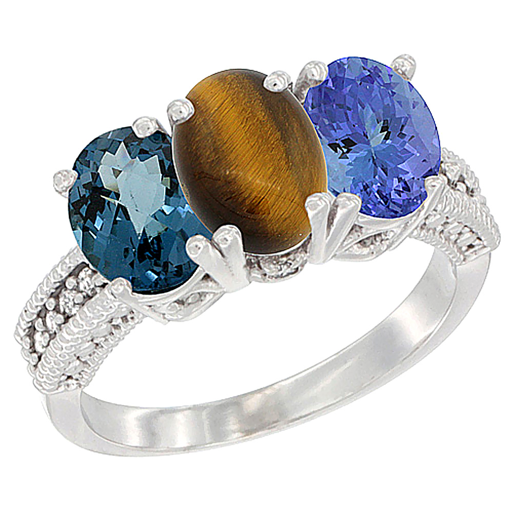 14K White Gold Natural London Blue Topaz, Tiger Eye & Tanzanite Ring 3-Stone 7x5 mm Oval Diamond Accent, sizes 5 - 10