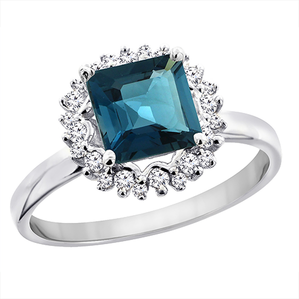 14K White Gold Natural London Blue Topaz Ring Square 6x6 mm Diamond Accents, sizes 5 - 10