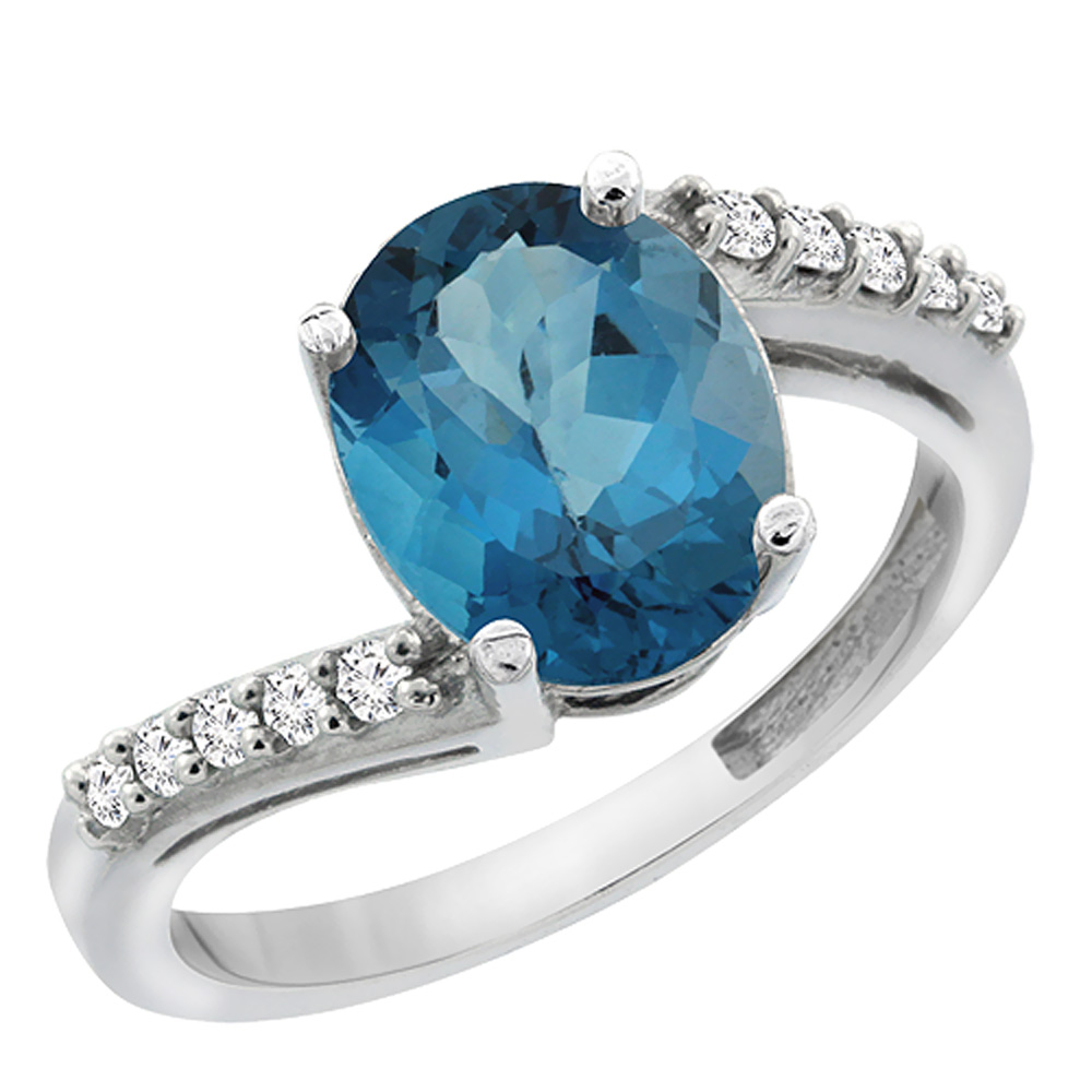 14K White Gold Diamond Natural London Blue Topaz Engagement Ring Oval 10x8mm, sizes 5-10