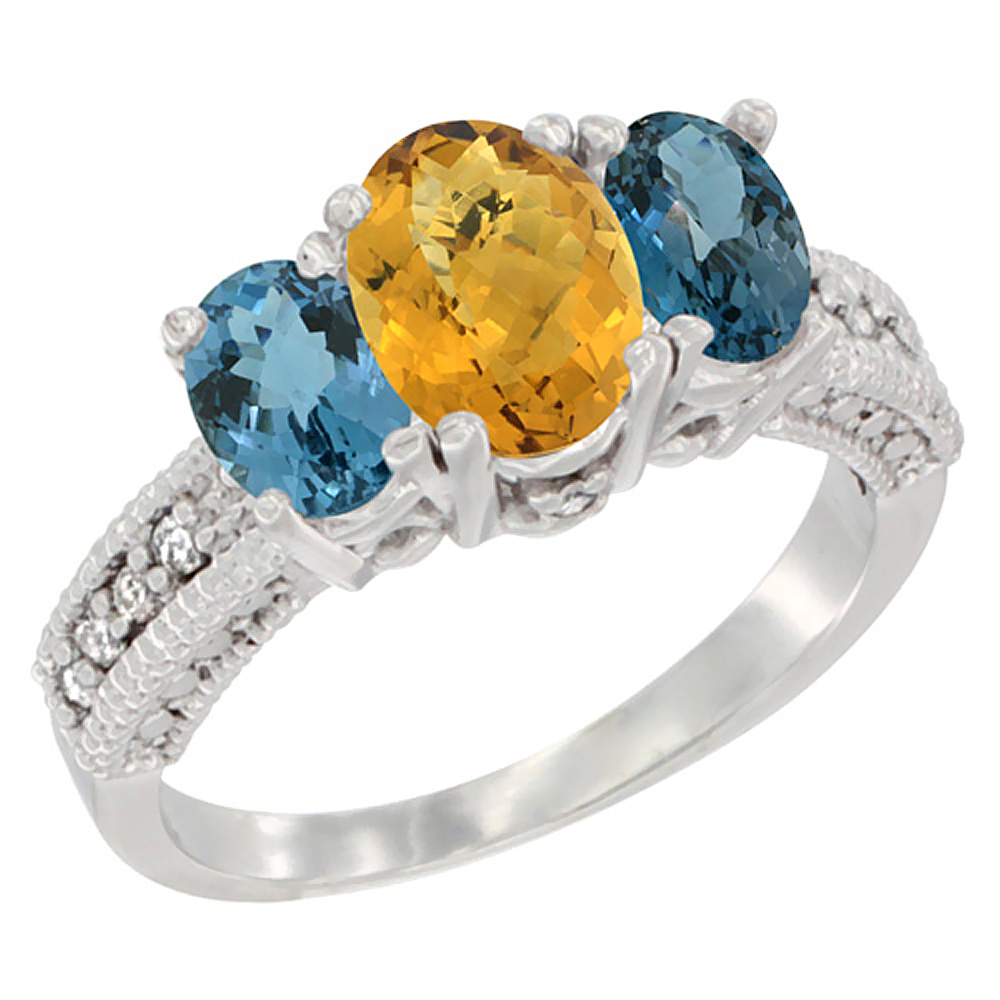 14K White Gold Diamond Natural Whisky Quartz Ring Oval 3-stone with London Blue Topaz, sizes 5 - 10