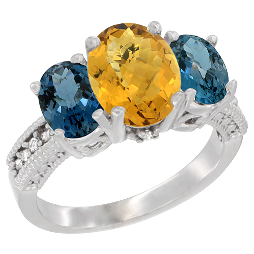 14K White Gold Diamond Natural Whisky Quartz Ring 3-Stone Oval 8x6mm with London Blue Topaz, sizes5-10