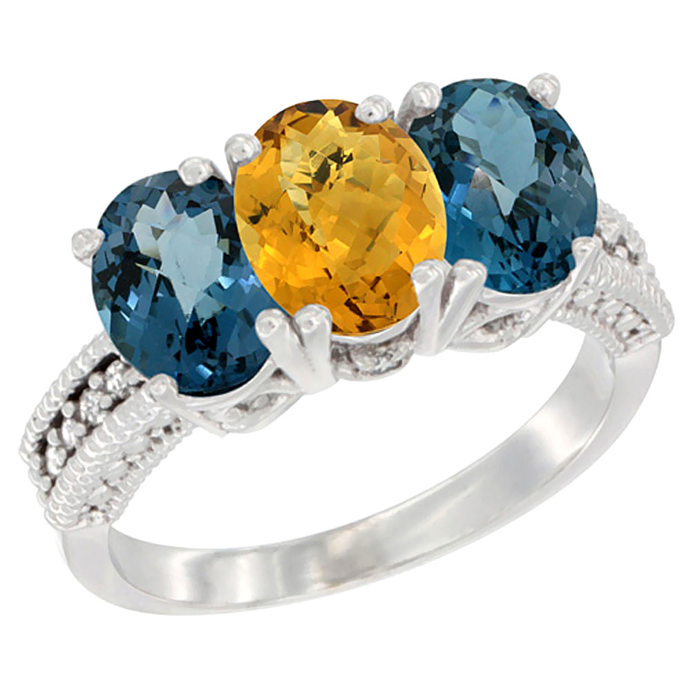 14K White Gold Natural Whisky Quartz & London Blue Topaz Sides Ring 3-Stone 7x5 mm Oval Diamond Accent, sizes 5 - 10