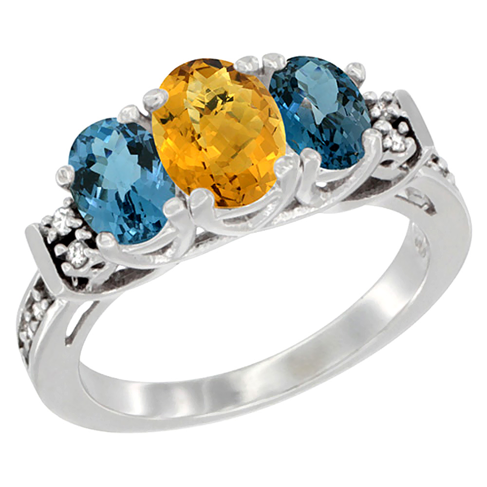 14K White Gold Natural Whisky Quartz &amp; London Blue Ring 3-Stone Oval Diamond Accent, sizes 5-10