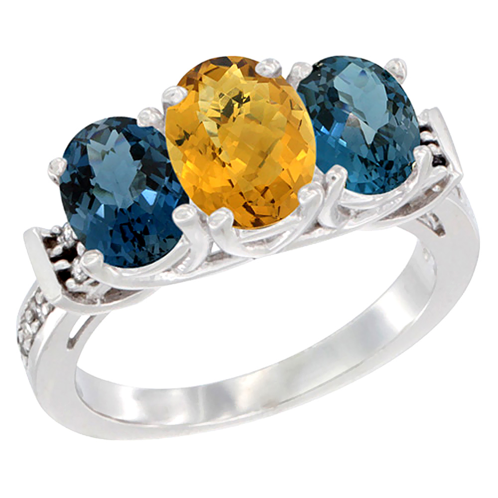 14K White Gold Natural Whisky Quartz & London Blue Topaz Sides Ring 3-Stone Oval Diamond Accent, sizes 5 - 10