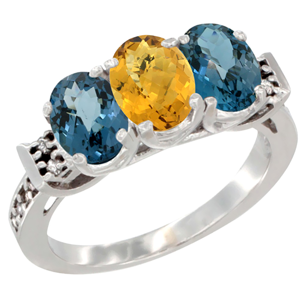 14K White Gold Natural Whisky Quartz & London Blue Topaz Sides Ring 3-Stone 7x5 mm Oval Diamond Accent, sizes 5 - 10