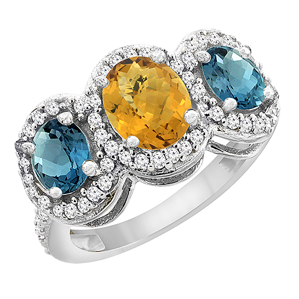 14K White Gold Natural Whisky Quartz &amp; London Blue Topaz 3-Stone Ring Oval Diamond Accent, sizes 5 - 10