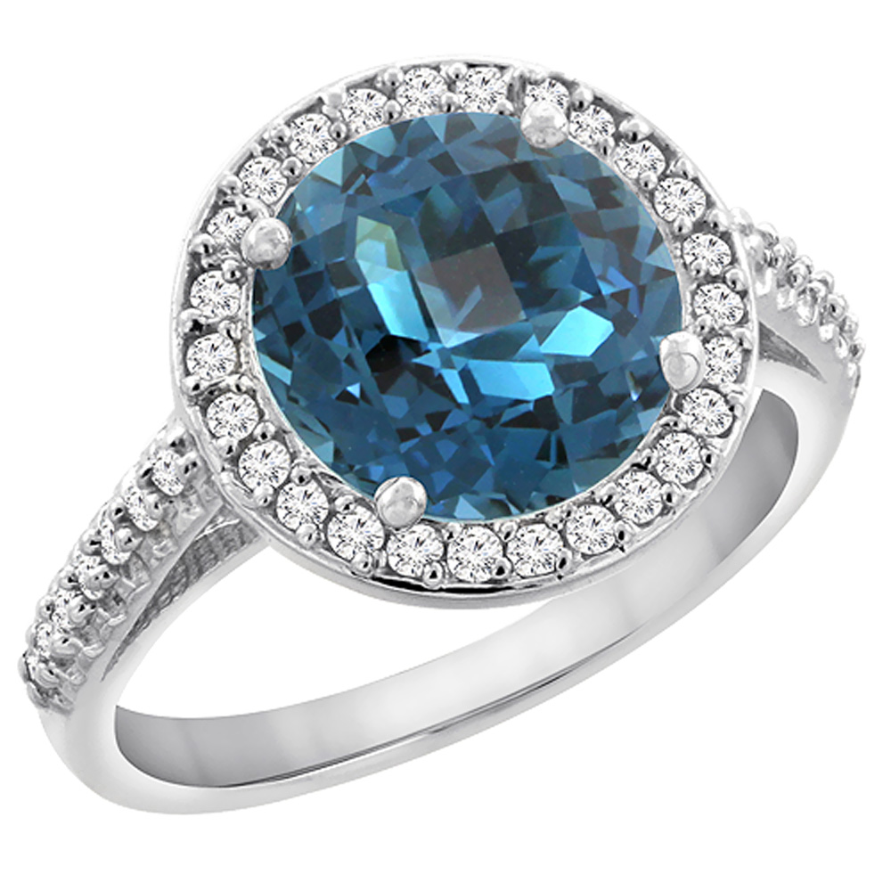 10K White Gold Natural London Blue Topaz Ring Round 8mm Diamond Halo, sizes 5 to 10