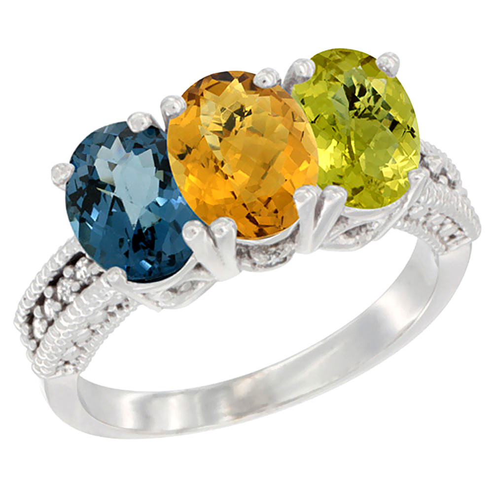 14K White Gold Natural London Blue Topaz, Whisky Quartz & Lemon Quartz Ring 3-Stone 7x5 mm Oval Diamond Accent, sizes 5 - 10