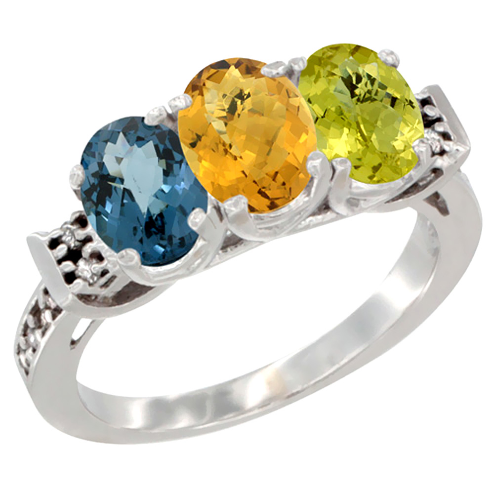 14K White Gold Natural London Blue Topaz, Whisky Quartz &amp; Lemon Quartz Ring 3-Stone 7x5 mm Oval Diamond Accent, sizes 5 - 10