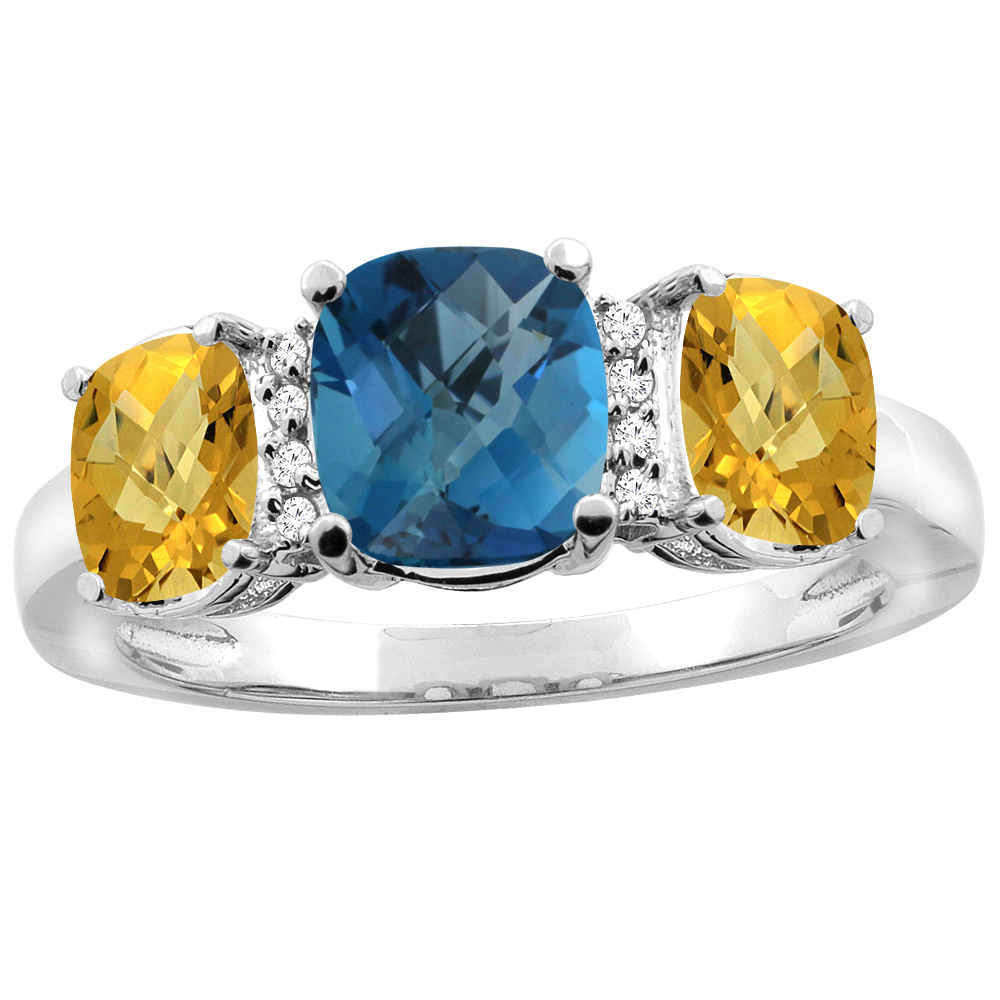 10K White Gold Natural London Blue Topaz &amp; Whisky Quartz 3-stone Ring Cushion 8x6mm Diamond Accent, sizes 5 - 10