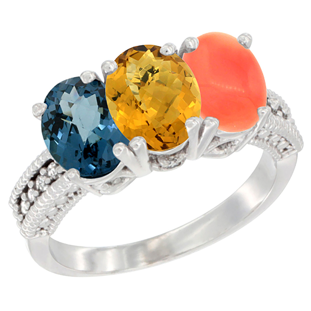 10K White Gold Natural London Blue Topaz, Whisky Quartz &amp; Coral Ring 3-Stone Oval 7x5 mm Diamond Accent, sizes 5 - 10