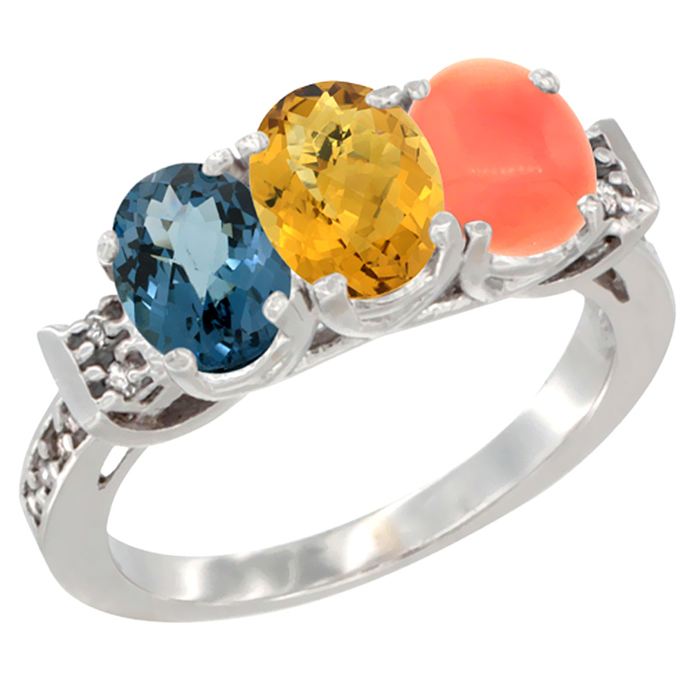 10K White Gold Natural London Blue Topaz, Whisky Quartz & Coral Ring 3-Stone Oval 7x5 mm Diamond Accent, sizes 5 - 10