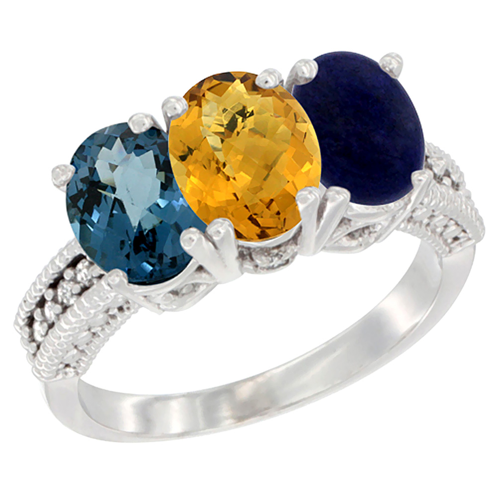 10K White Gold Natural London Blue Topaz, Whisky Quartz & Lapis Ring 3-Stone Oval 7x5 mm Diamond Accent, sizes 5 - 10