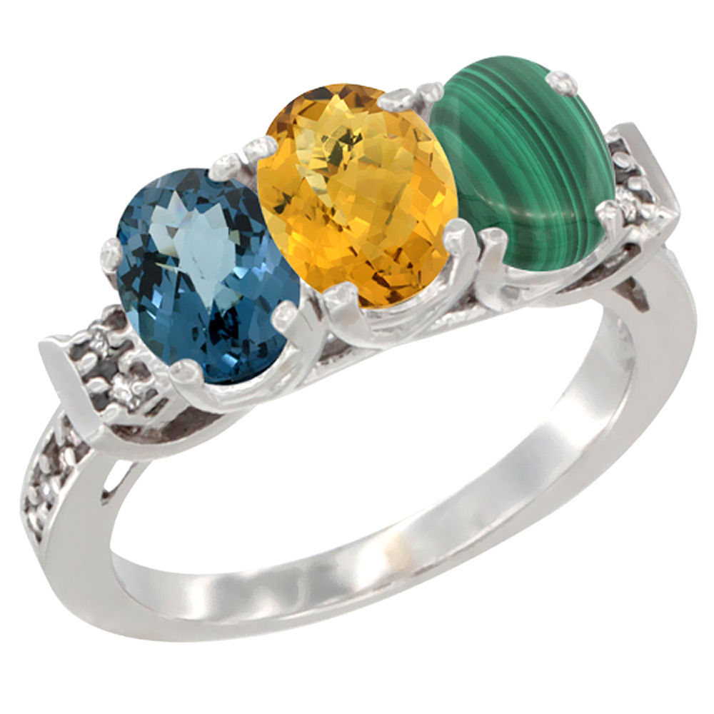 14K White Gold Natural London Blue Topaz, Whisky Quartz & Malachite Ring 3-Stone 7x5 mm Oval Diamond Accent, sizes 5 - 10