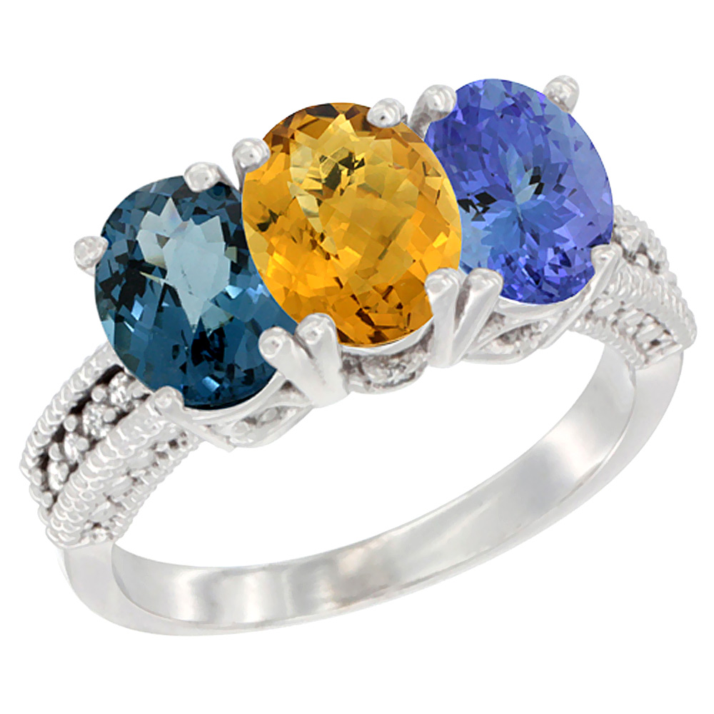 14K White Gold Natural London Blue Topaz, Whisky Quartz &amp; Tanzanite Ring 3-Stone 7x5 mm Oval Diamond Accent, sizes 5 - 10