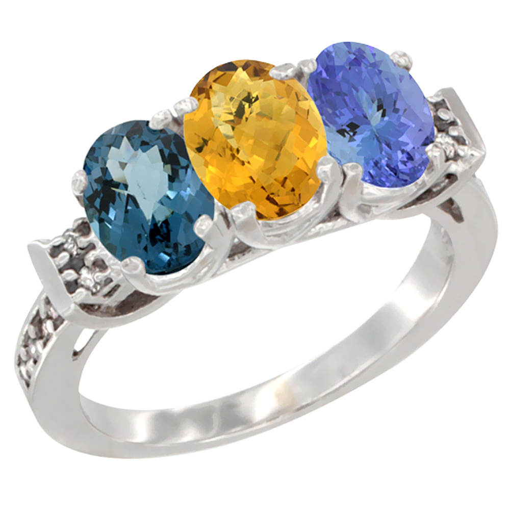 14K White Gold Natural London Blue Topaz, Whisky Quartz &amp; Tanzanite Ring 3-Stone 7x5 mm Oval Diamond Accent, sizes 5 - 10