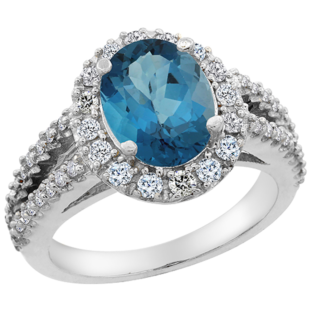 14K White Gold Diamond Natural London Blue Topaz Engagement Ring Oval 10x8mm, sizes 5-10