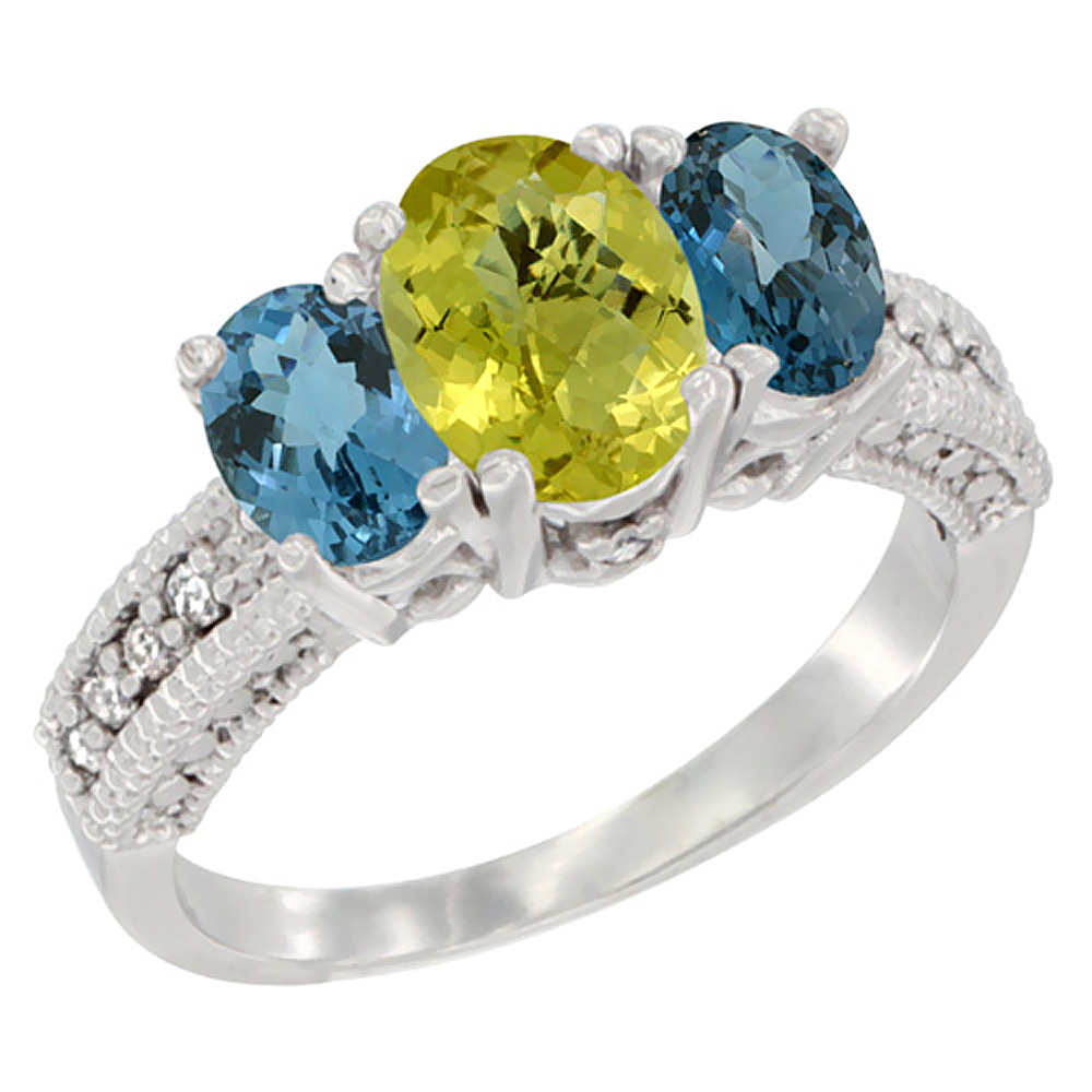 14K White Gold Diamond Natural Lemon Quartz Ring Oval 3-stone with London Blue Topaz, sizes 5 - 10
