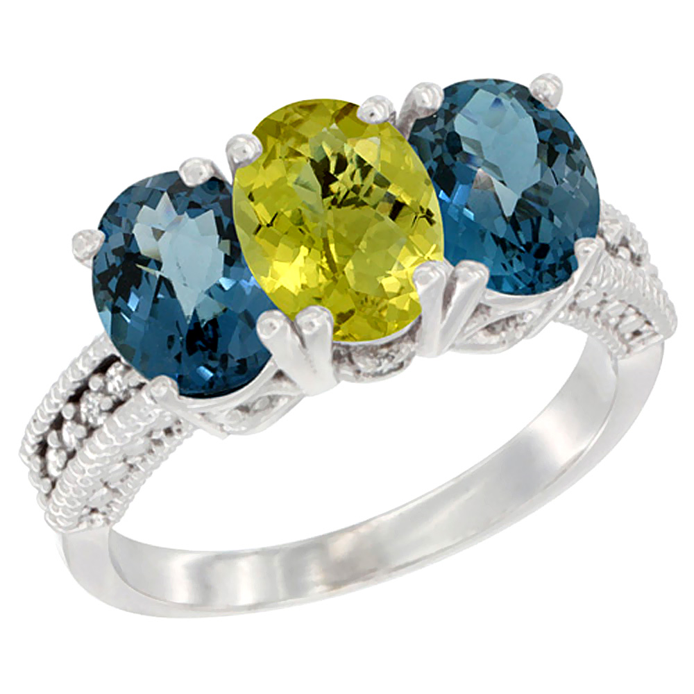 10K White Gold Natural Lemon Quartz &amp; London Blue Topaz Sides Ring 3-Stone Oval 7x5 mm Diamond Accent, sizes 5 - 10