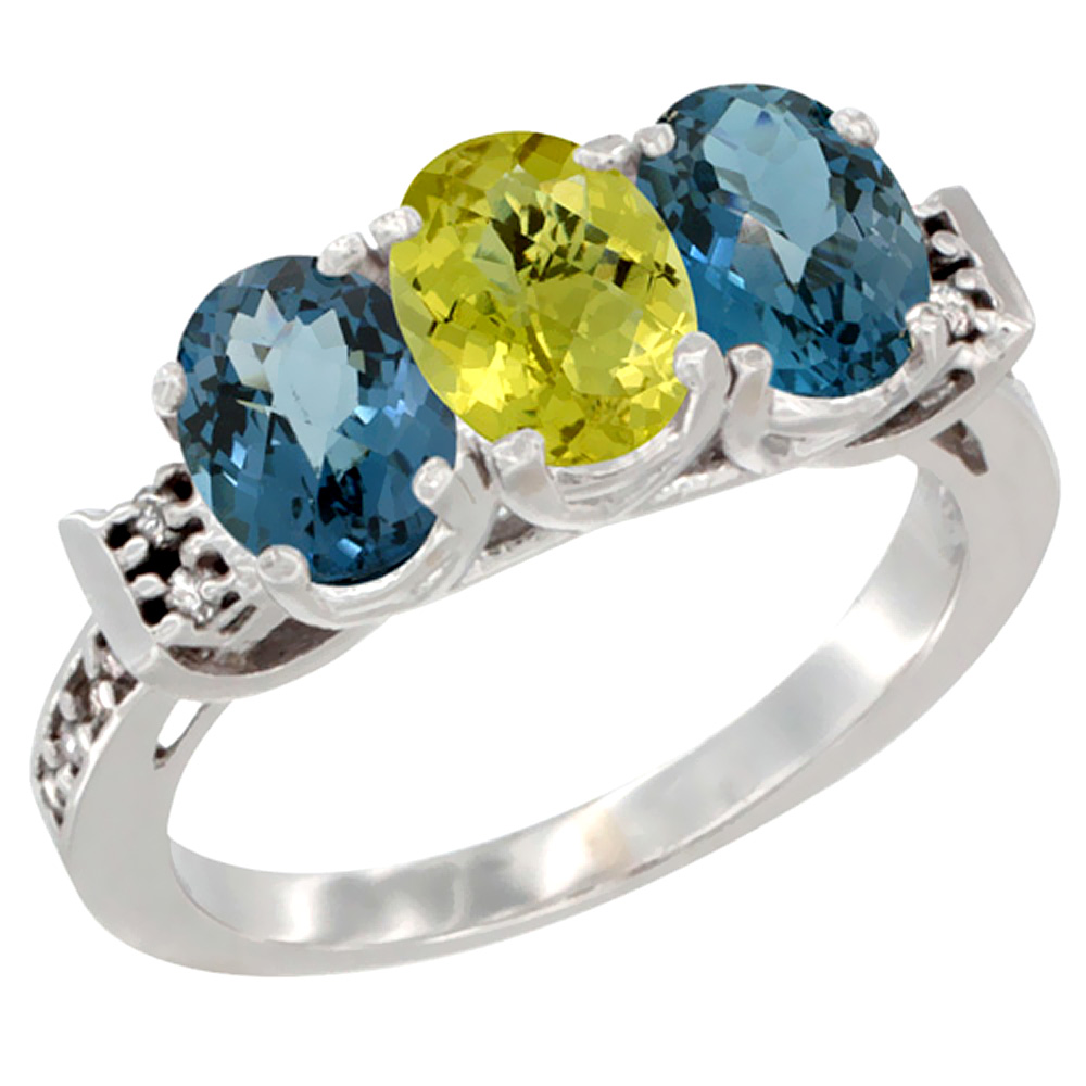 14K White Gold Natural Lemon Quartz &amp; London Blue Topaz Sides Ring 3-Stone 7x5 mm Oval Diamond Accent, sizes 5 - 10