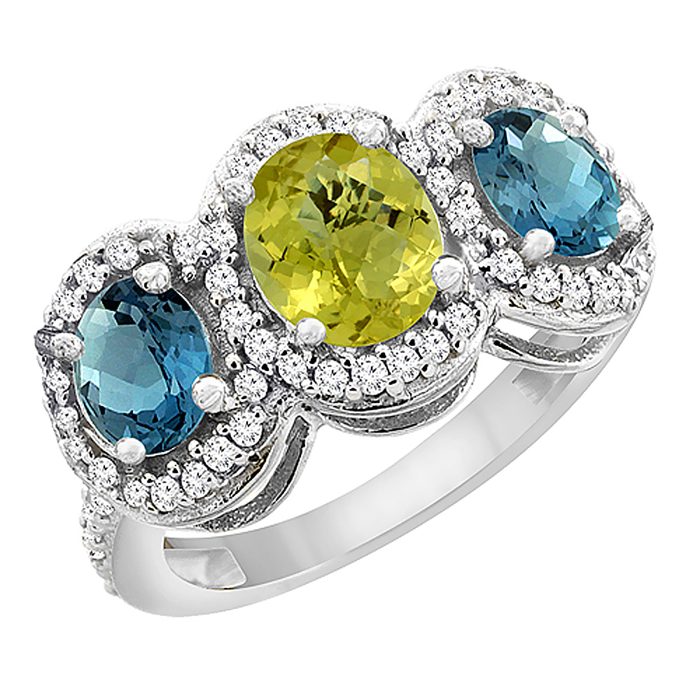 10K White Gold Natural Lemon Quartz &amp; London Blue Topaz 3-Stone Ring Oval Diamond Accent, sizes 5 - 10