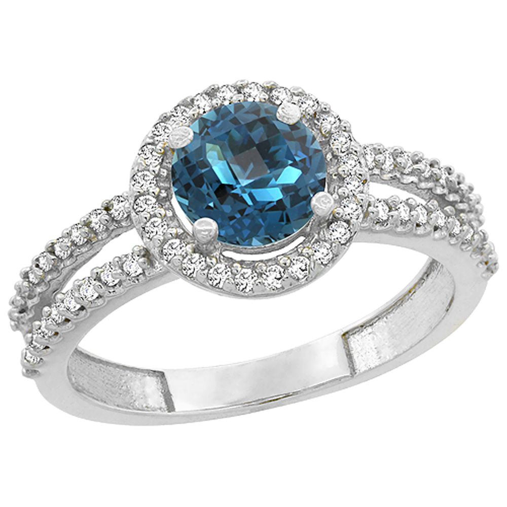 10K White Gold Natural London Blue Topaz Diamond Halo Ring Round 6mm, sizes 5 - 10