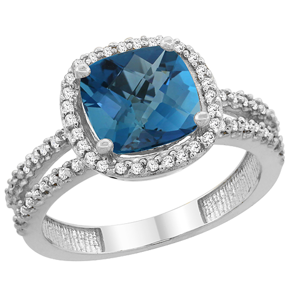 10K White Gold Natural London Blue Topaz Ring Cushion-cut 8x8 mm 2-row Diamond Accents, sizes 5 - 10