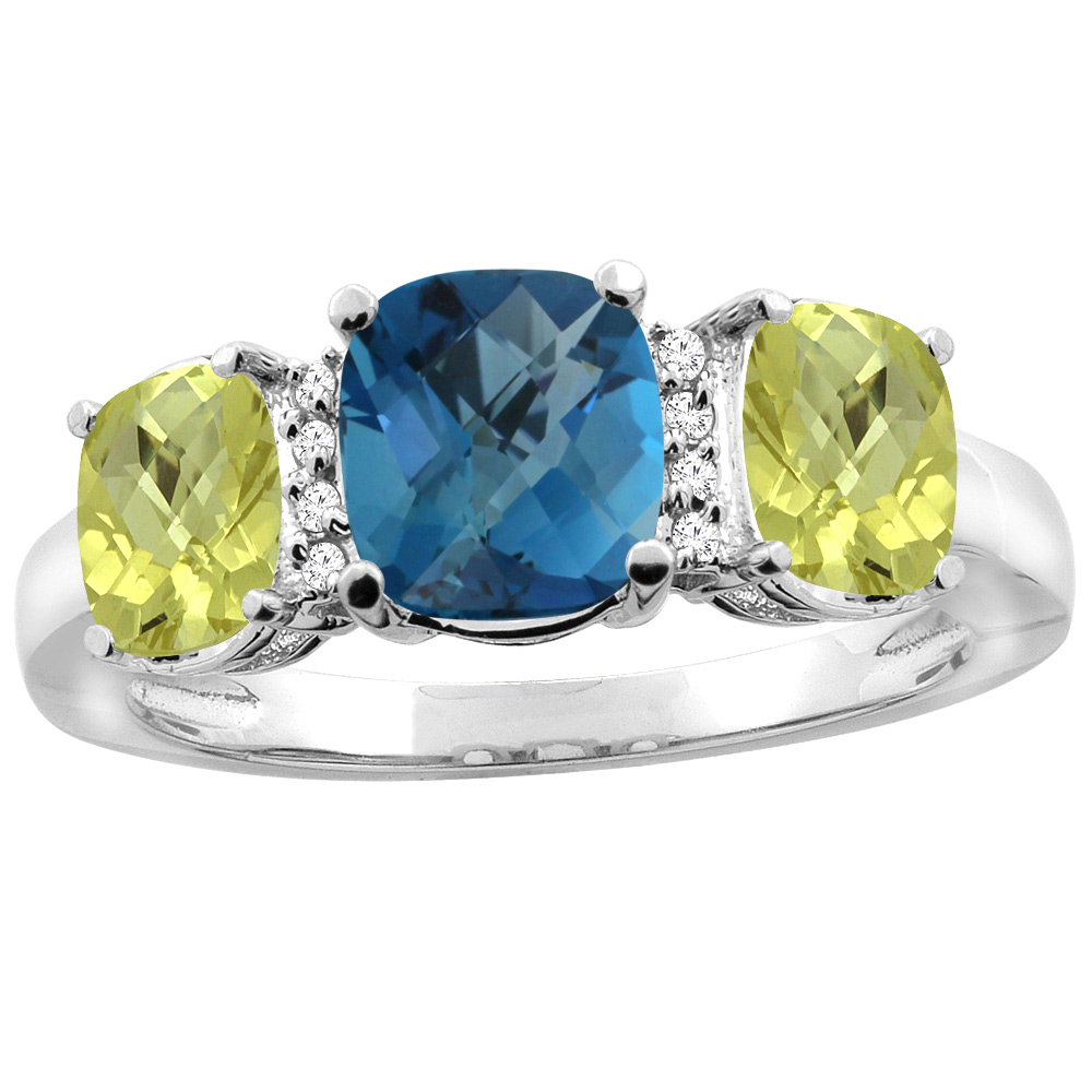 14K Yellow Gold Natural London Blue Topaz & Lemon Quartz 3-stone Ring Cushion 8x6mm Diamond Accent, sizes 5 - 10