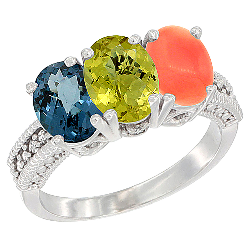 10K White Gold Natural London Blue Topaz, Lemon Quartz & Coral Ring 3-Stone Oval 7x5 mm Diamond Accent, sizes 5 - 10