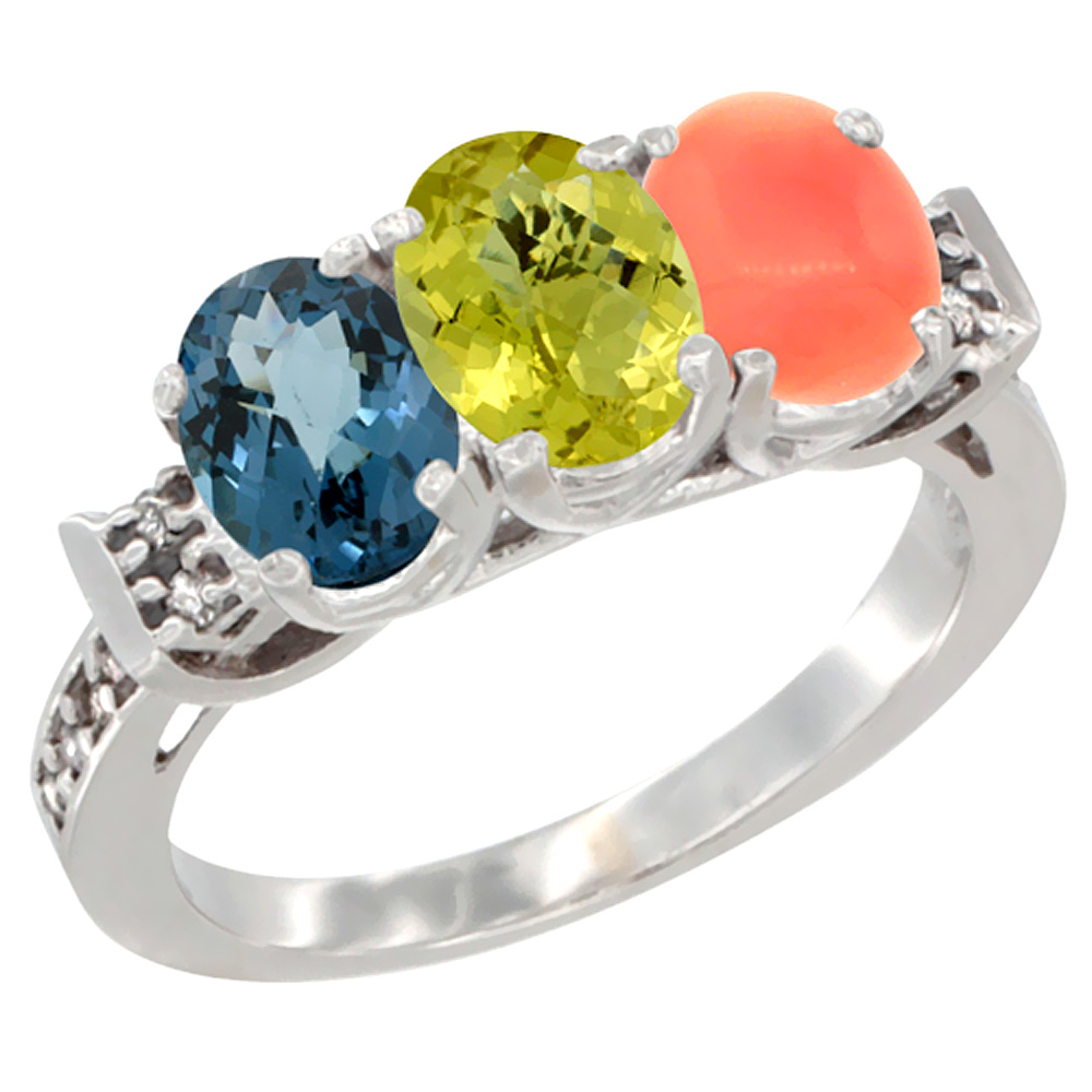 14K White Gold Natural London Blue Topaz, Lemon Quartz &amp; Coral Ring 3-Stone 7x5 mm Oval Diamond Accent, sizes 5 - 10