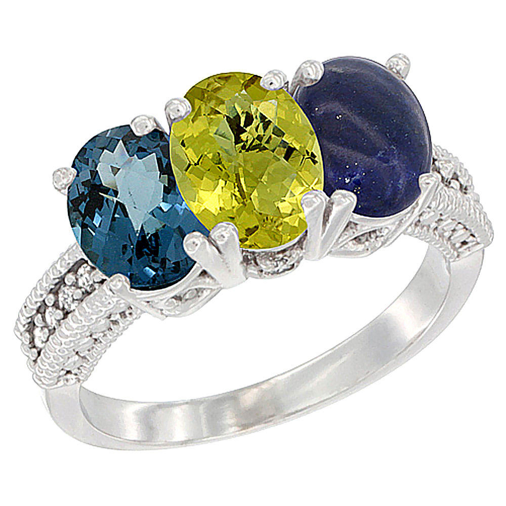 14K White Gold Natural London Blue Topaz, Lemon Quartz & Lapis Ring 3-Stone 7x5 mm Oval Diamond Accent, sizes 5 - 10