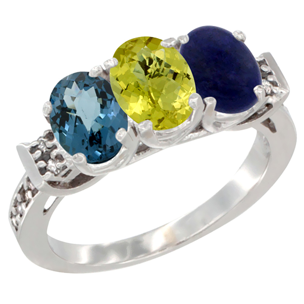 10K White Gold Natural London Blue Topaz, Lemon Quartz &amp; Lapis Ring 3-Stone Oval 7x5 mm Diamond Accent, sizes 5 - 10
