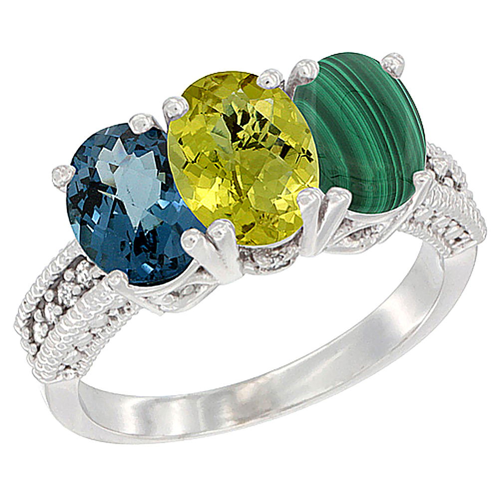 14K White Gold Natural London Blue Topaz, Lemon Quartz & Malachite Ring 3-Stone 7x5 mm Oval Diamond Accent, sizes 5 - 10