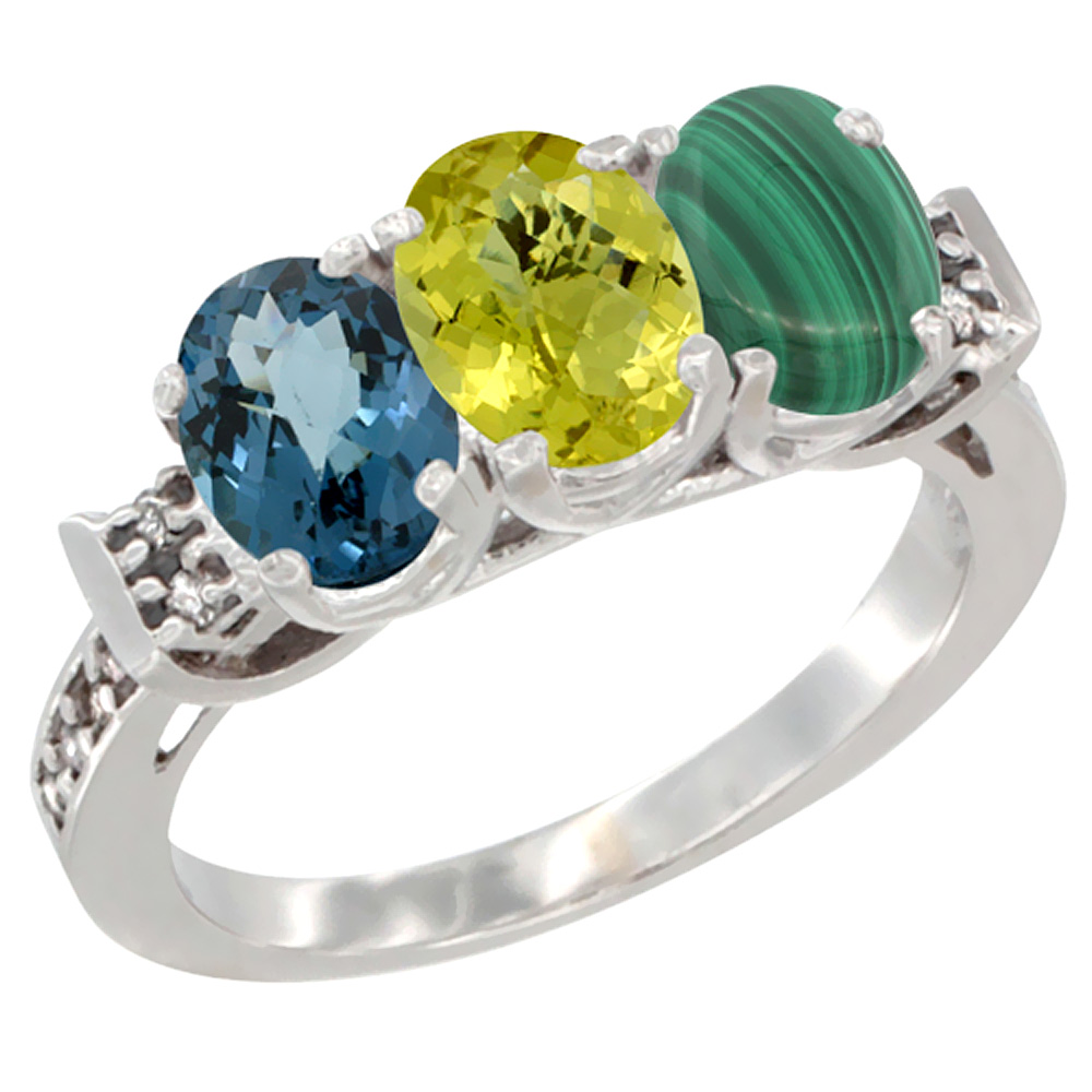 10K White Gold Natural London Blue Topaz, Lemon Quartz &amp; Malachite Ring 3-Stone Oval 7x5 mm Diamond Accent, sizes 5 - 10