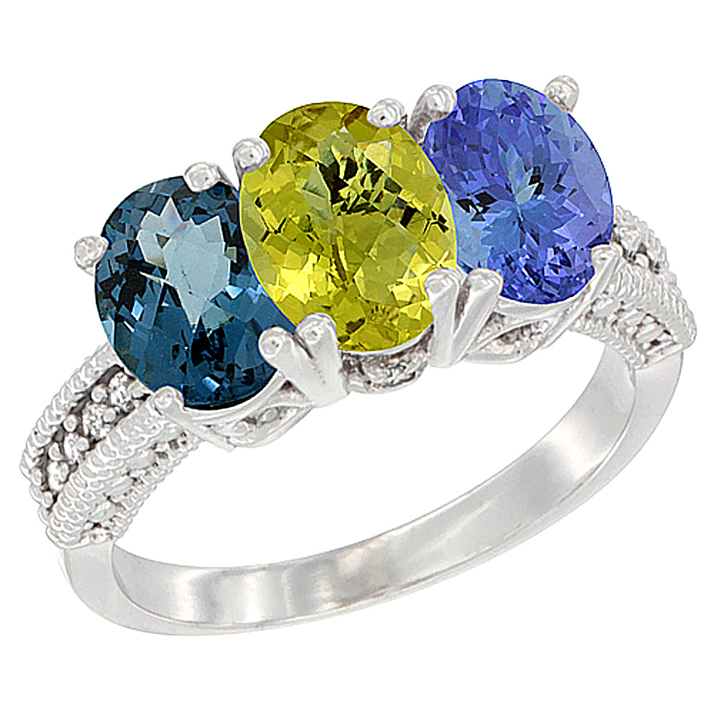 10K White Gold Natural London Blue Topaz, Lemon Quartz & Tanzanite Ring 3-Stone Oval 7x5 mm Diamond Accent, sizes 5 - 10