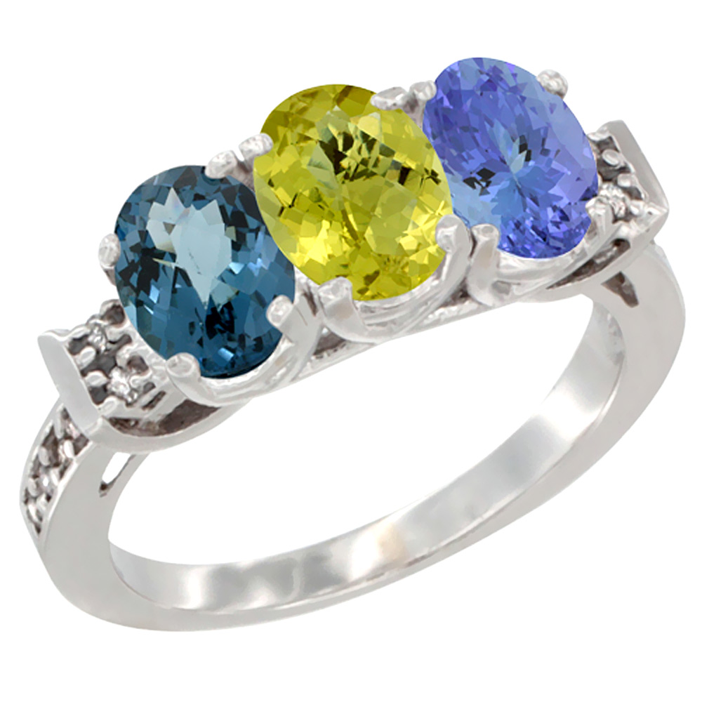 14K White Gold Natural London Blue Topaz, Lemon Quartz & Tanzanite Ring 3-Stone 7x5 mm Oval Diamond Accent, sizes 5 - 10