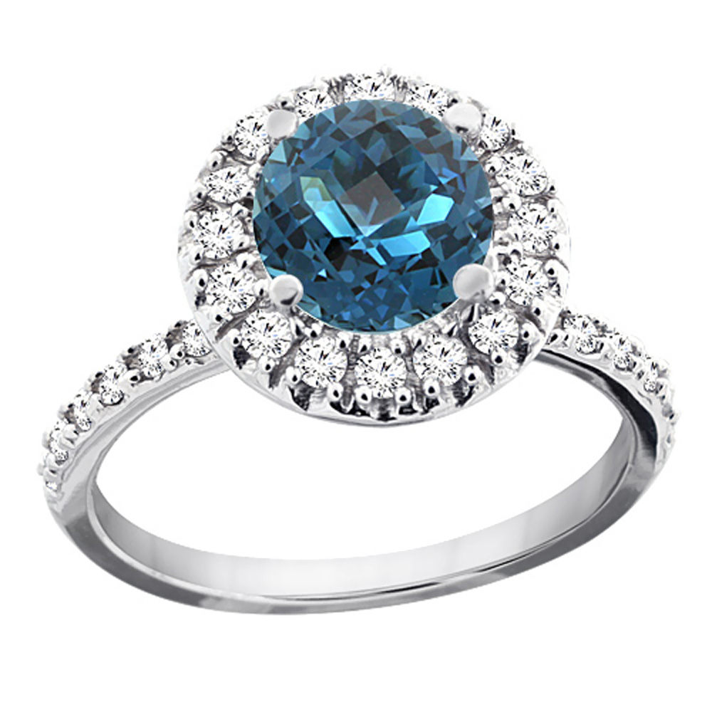 14K White Gold Natural London Blue Topaz Ring Round 8mm Floating Halo Diamond, sizes 5 - 10