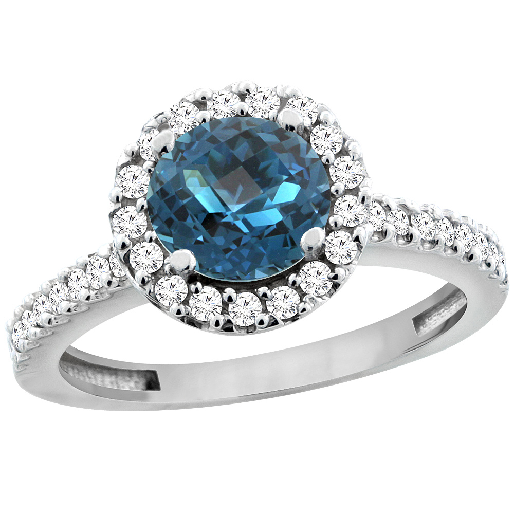 14K White Gold Natural London Blue Topaz Ring Round 6mm Floating Halo Diamond, sizes 5 - 10