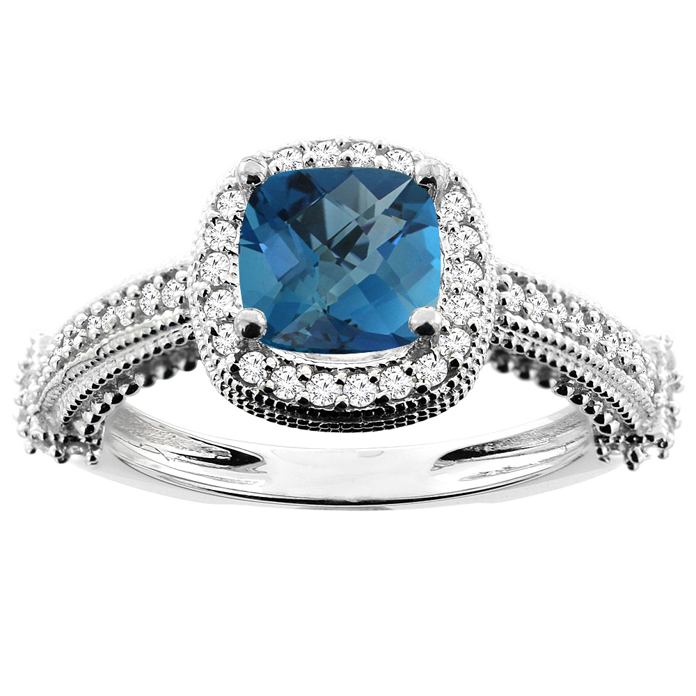 10K White/Yellow/Rose Gold Natural London Blue Topaz Ring Cushion 7x7mm Diamond Accent, sizes 5 - 10