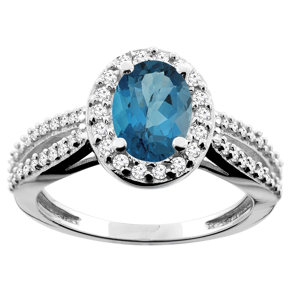 10K White/Yellow/Rose Gold Natural London Blue Topaz Ring Oval 8x6mm Diamond Accent, sizes 5 - 10