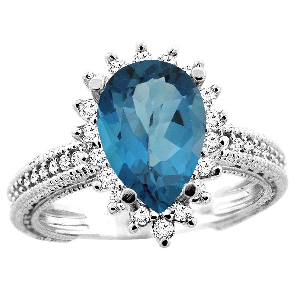 10K White/Yellow/Rose Gold Natural London Blue Topaz Ring Pear 12x8mm Diamond Accent, size 5
