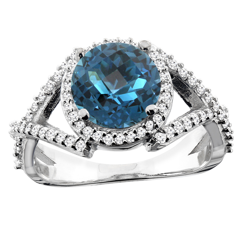 10K White/Yellow/Rose Gold Natural London Blue Topaz Ring Round 8mm Diamond Accent, sizes 5 - 10