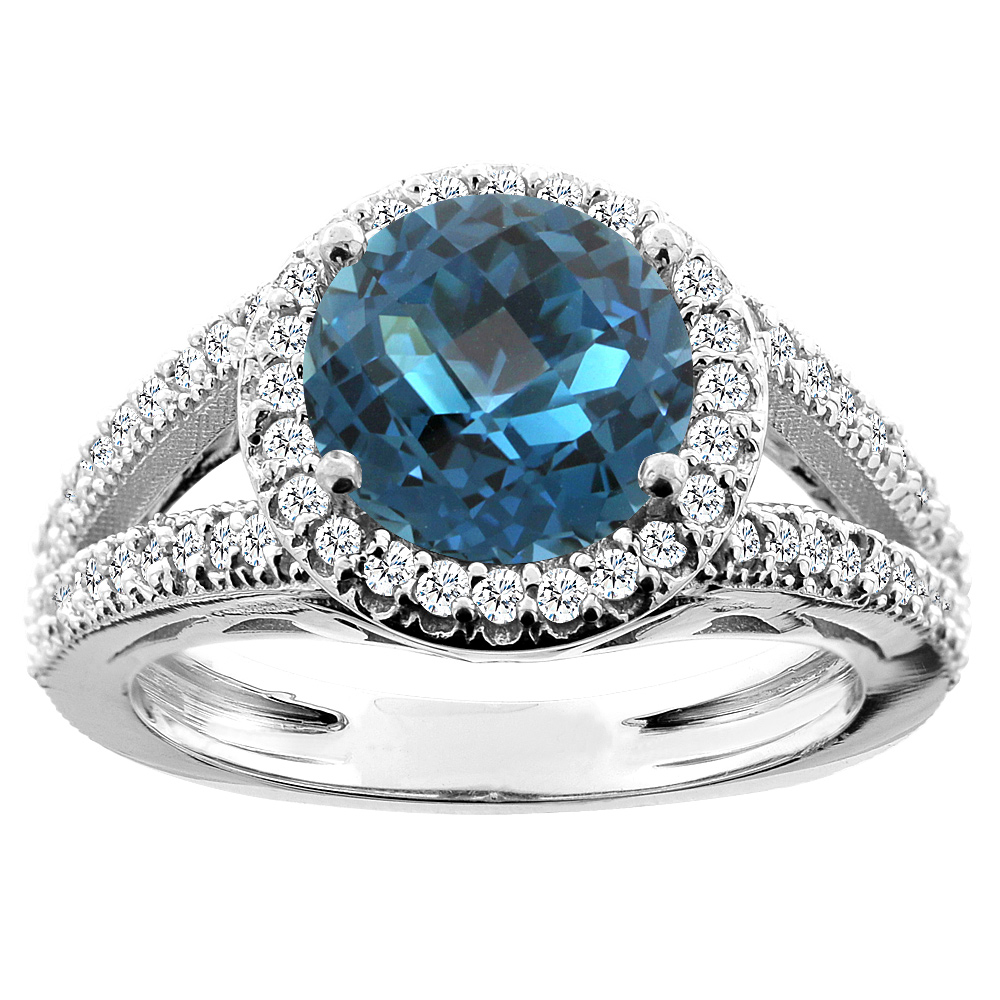 10K White/Yellow/Rose Gold Natural London Blue Topaz Ring Round 8mm Diamond Accent, sizes 5 - 10