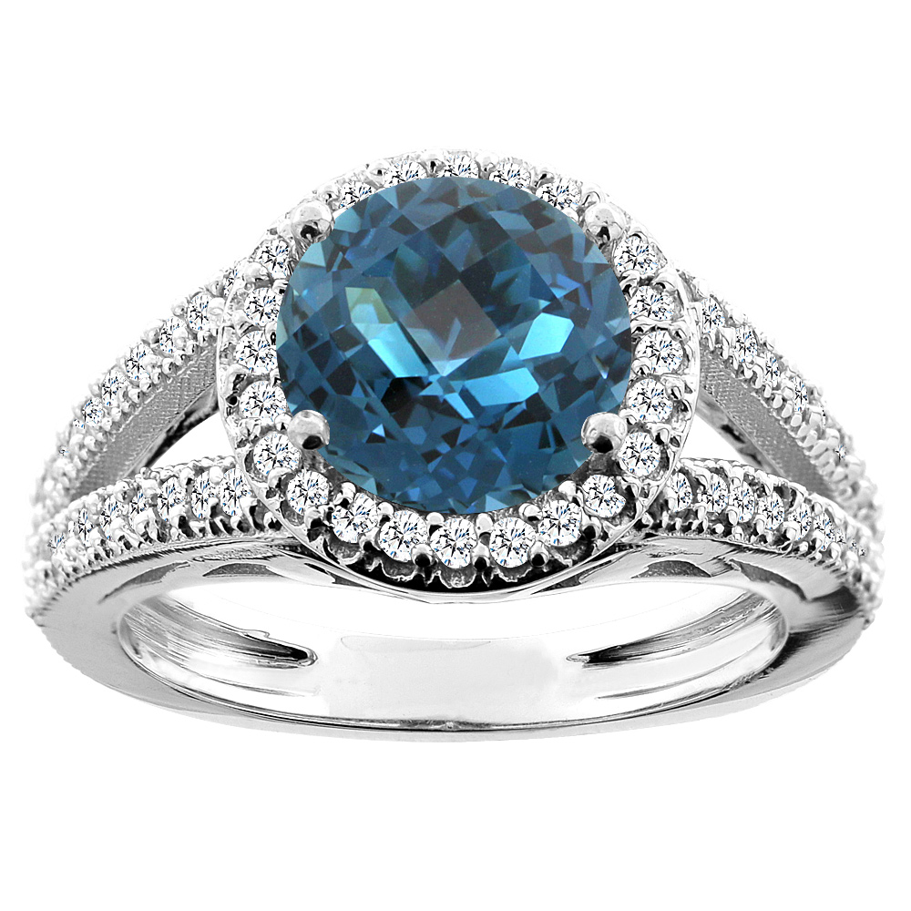 14K White/Yellow/Rose Gold Natural London Blue Topaz Ring Round 8mm Diamond Accent, sizes 5 - 10