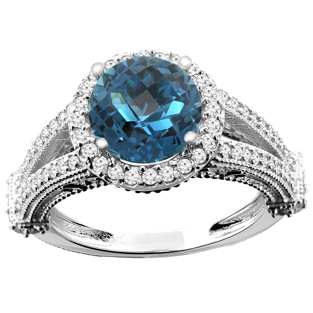 14K White/Yellow/Rose Gold Natural London Blue Topaz Ring Round 8mm Diamond Accent, sizes 5 - 10